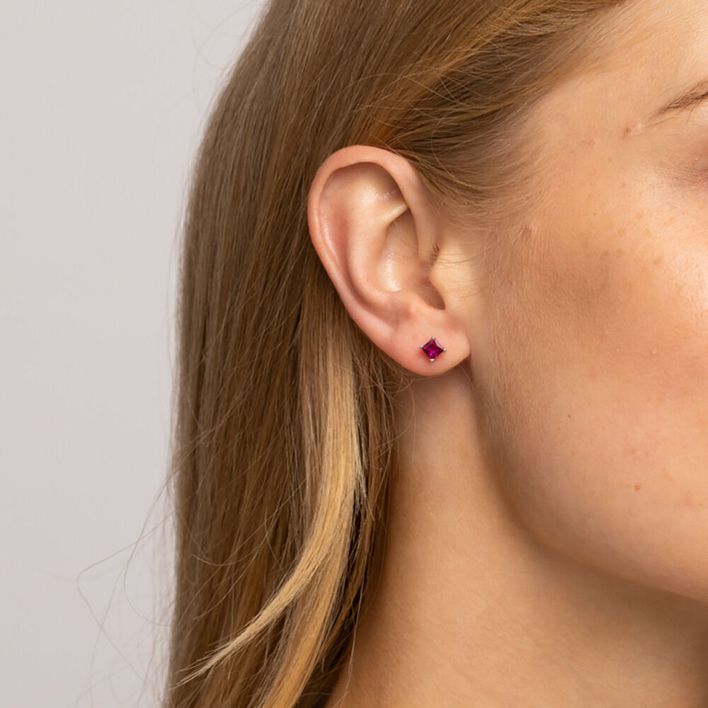 Square Stud Earrings with Ruby Cubic Zirconia in Sterling Silver