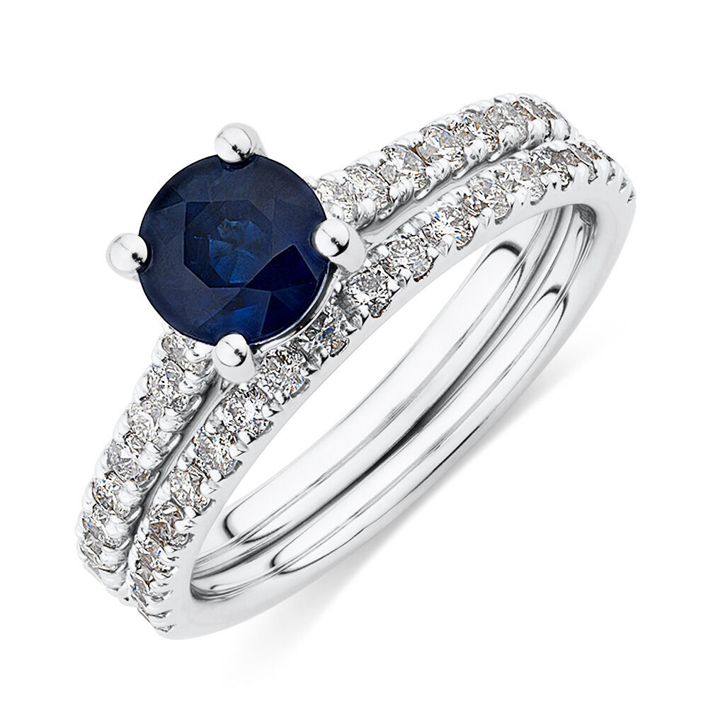 Bridal Set with 0.69 Carat TW of Diamonds & Sapphire in 14ct White Gold