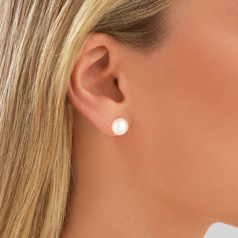 Stud Earrings with 9mm Button Cultured Freshwater Pearl in 10kt
