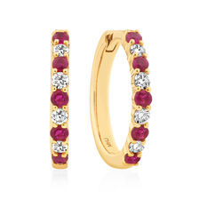 Huggie Earrings with Natural Ruby & .20 Carat TW of Diamonds in 10kt Yellow Gold