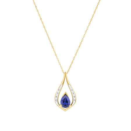 Pendant with Created Sapphire & Diamonds in 10ct Yellow Gold Pendant with Created Sapphire & Diamonds in 10ct Yellow Gold