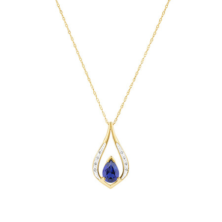 Pendant with Created Sapphire & Diamonds in 10kt Yellow Gold
