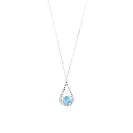 Drop Pendant with Blue Topaz & Diamonds In 10kt White Gold