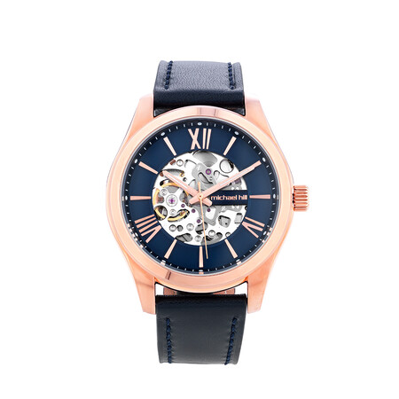 Michael Hill Automatic Skeleton Watch In Rose Tone Stainless Steel And Leather