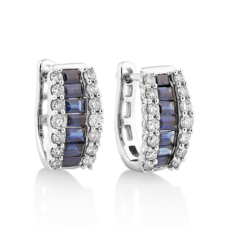 Huggie Earrings with Natural Blue Sapphire & .43 Carat TW of Diamonds In 10kt White Gold