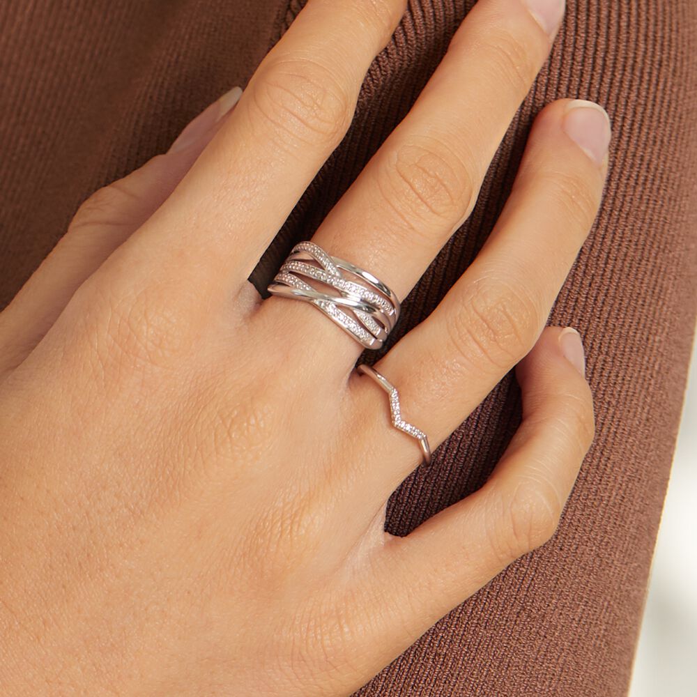 Crossover Ring with Diamonds in Sterling Silver