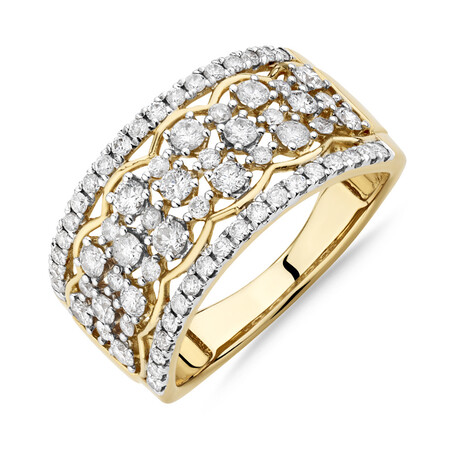 Multi Row Ring with 1 Carat TW of Diamonds in 10ct Yellow Gold