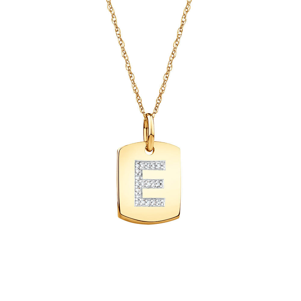 "E" Initial Rectangular Pendant With Diamonds In 10ct Yellow Gold
