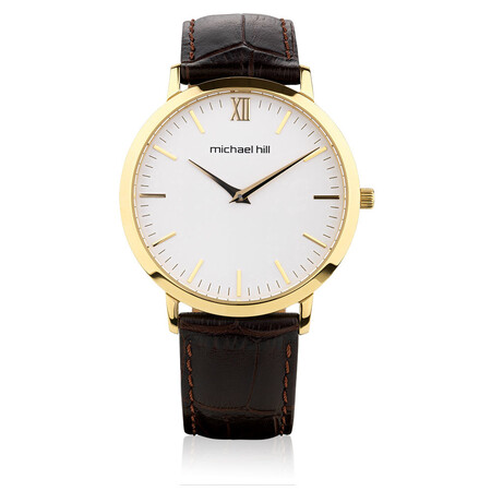 Men's Gold Tone Stainless Steel Watch with Brown Leather Men's Gold Tone Stainless Steel Watch with Brown Leather