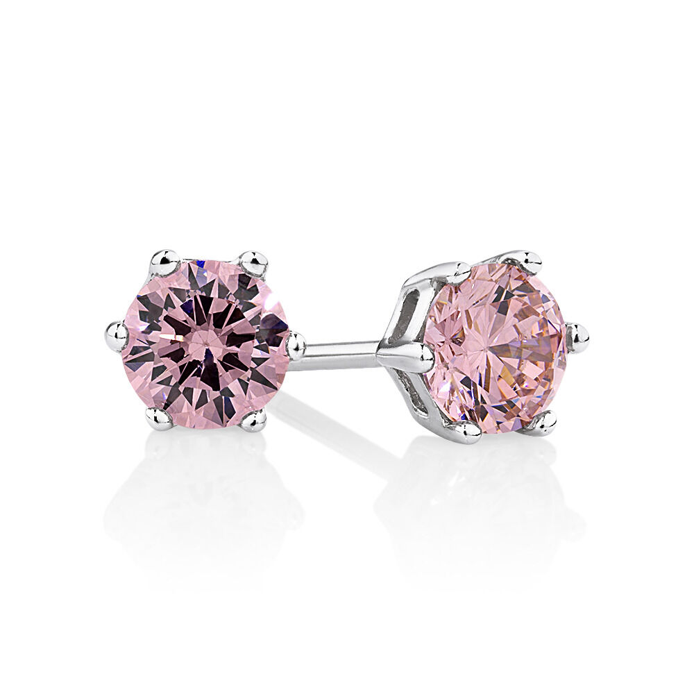 Stud Earrings with Pink Cubic Zirconia in Sterling Silver