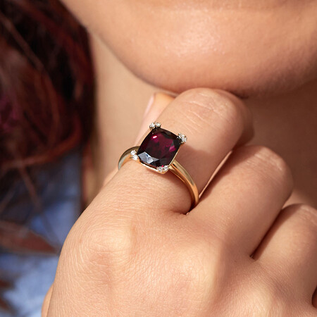 Ring with Rhodolite Garnet & Diamonds In 10ct Yellow Gold Ring with Rhodolite Garnet & Diamonds In 10ct Yellow Gold