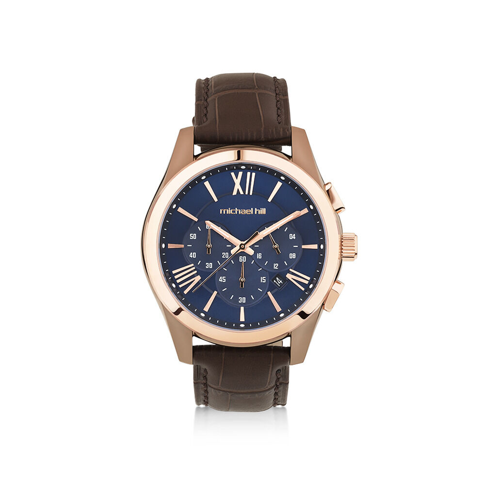 Men s Chronograph Watch in Brown Tone Stainless Steel and Brown Leather