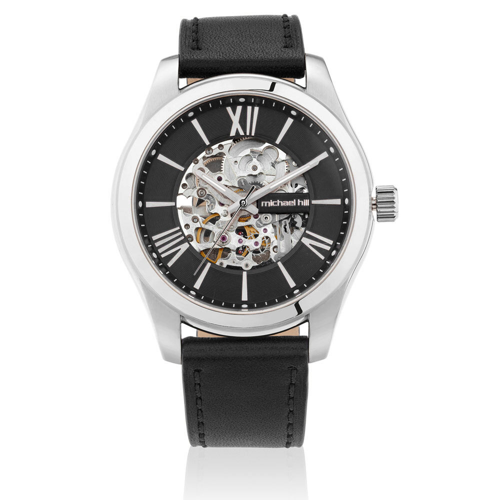 Men's Watch in Stainless Steel & Black Leather