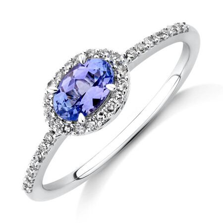 Halo Ring with Tanzanite & .15 TW Carat Of Diamonds in 10kt White Gold