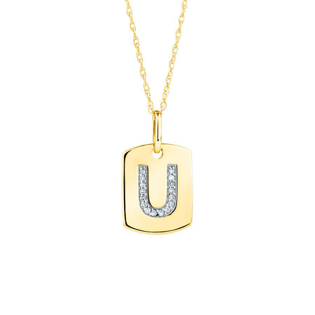 "U" Initial Rectangular Pendant with Diamonds in 10ct Yellow Gold