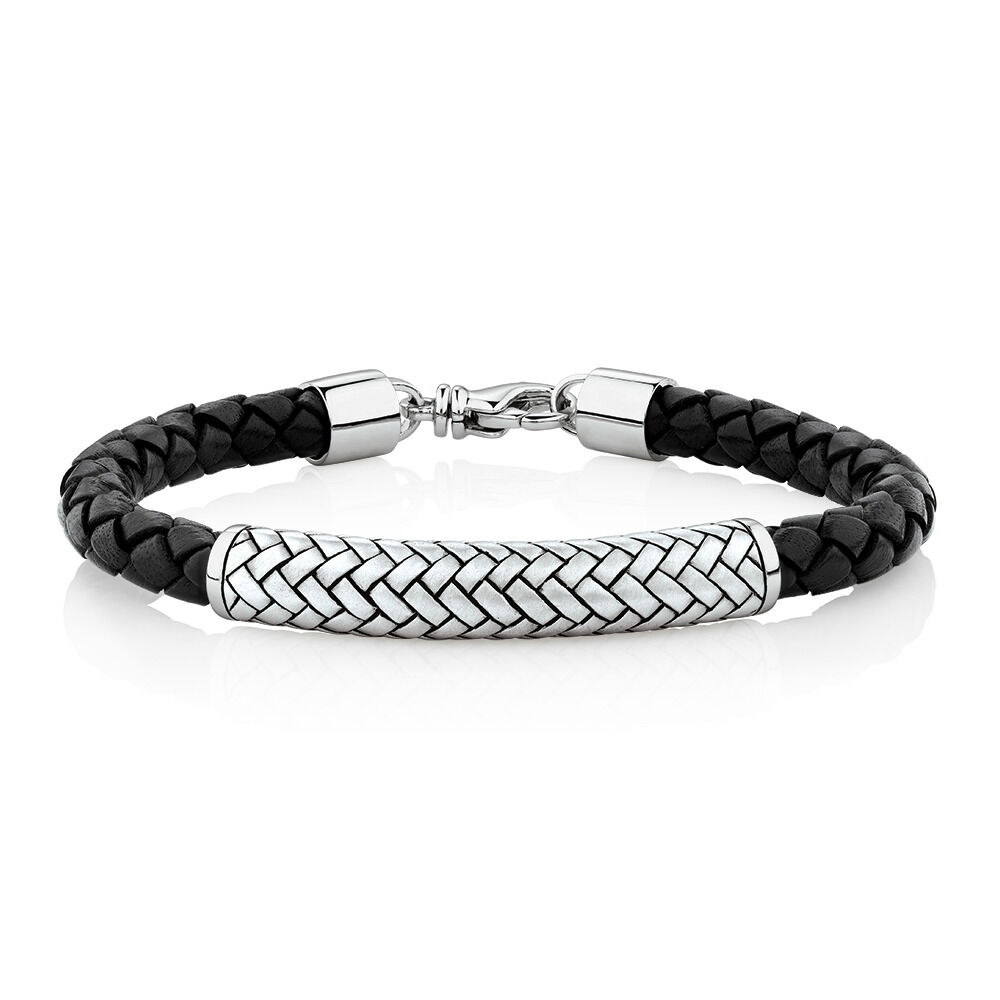 Patterned Bracelet In Black Leather & Sterling Silver