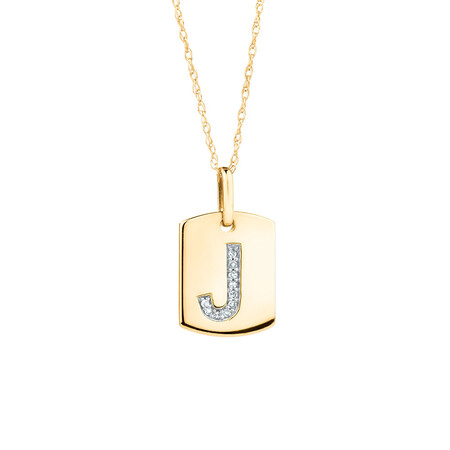 "J" Initial Rectangular Pendant with Diamonds in 10ct Yellow Gold
