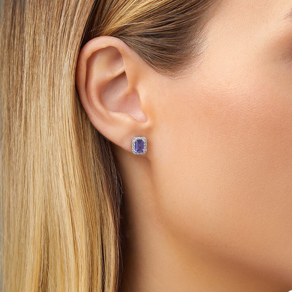 Halo Stud Earrings with Tanzanite 0.25 Carat TW of Diamonds in
