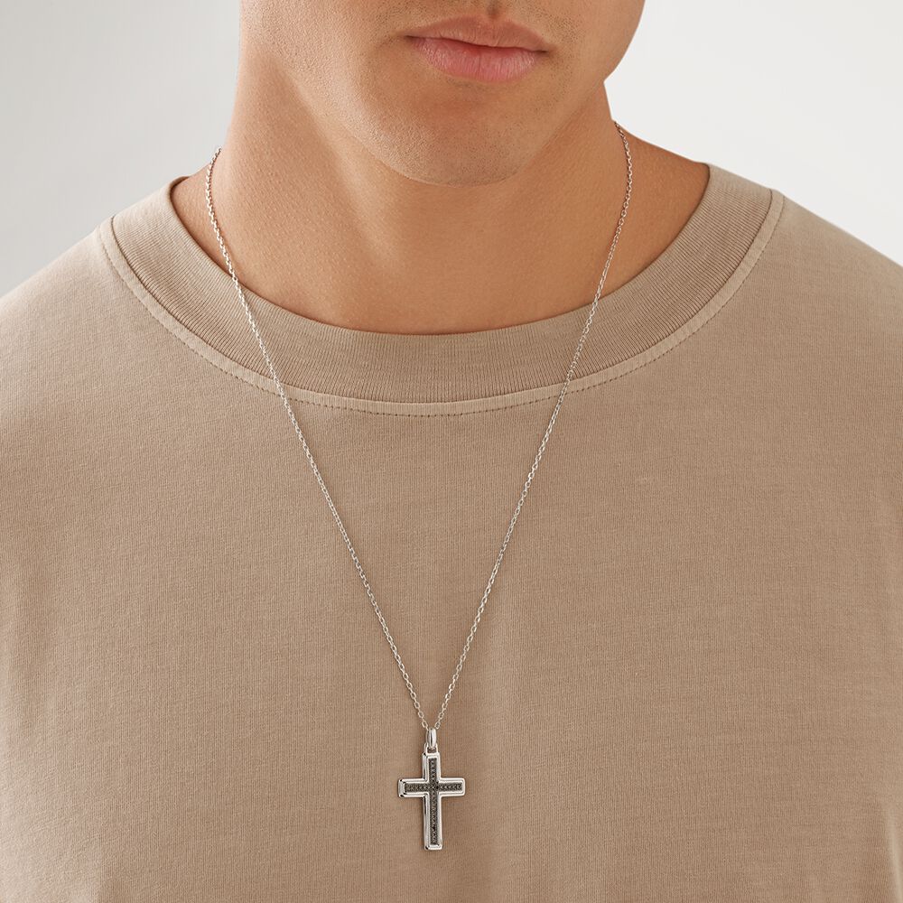 Men s Silver Cross Necklace with 0.30 Carat TW of Black Diamonds