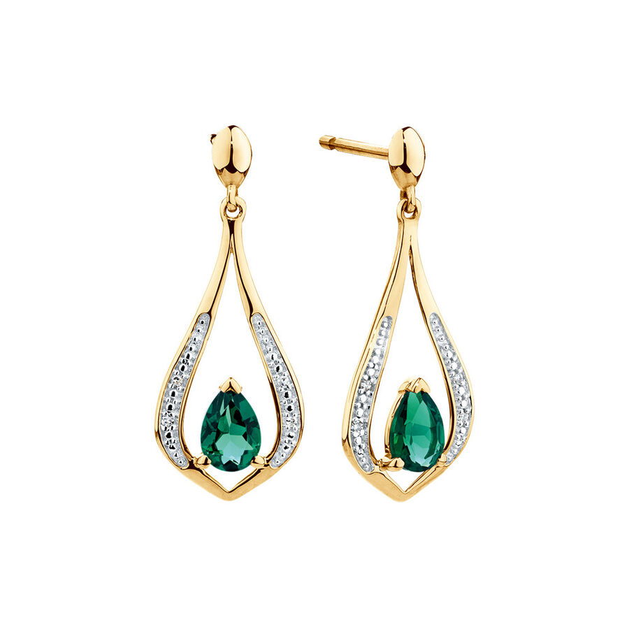 Drop Earrings with Created Emerald & Diamonds in 10ct Yellow Gold