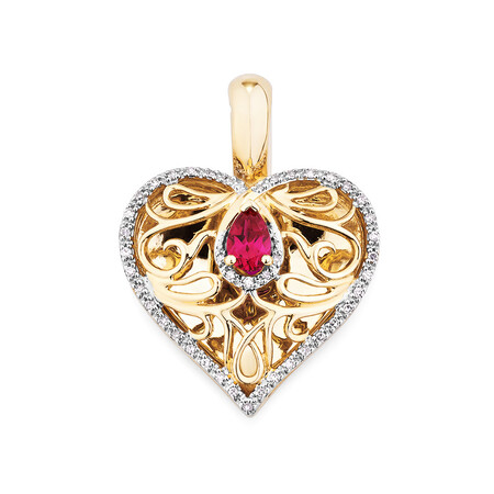 Heart Pendant with Laboratory Created Ruby & 0.15 Carat TW of Natural Diamonds in 10kt Yellow Gold Heart Pendant with Laboratory Created Ruby & 0.15 Carat TW of Natural Diamonds in 10kt Yellow Gold