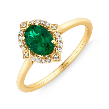 Halo Ring with Created Emerald & Diamonds in 10kt Yellow Gold