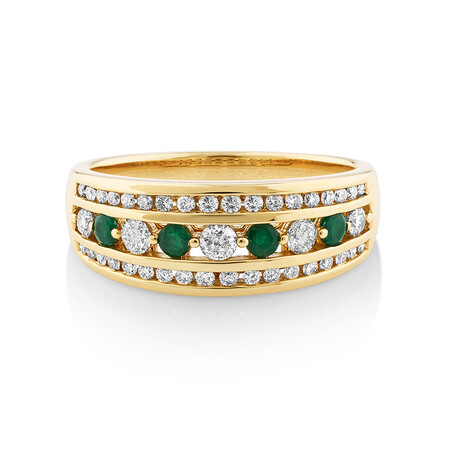3 Row Ring with Emerald & 0.50 Carat TW of Diamonds in 14kt of Yellow Gold 3 Row Ring with Emerald & 0.50 Carat TW of Diamonds in 14kt of Yellow Gold