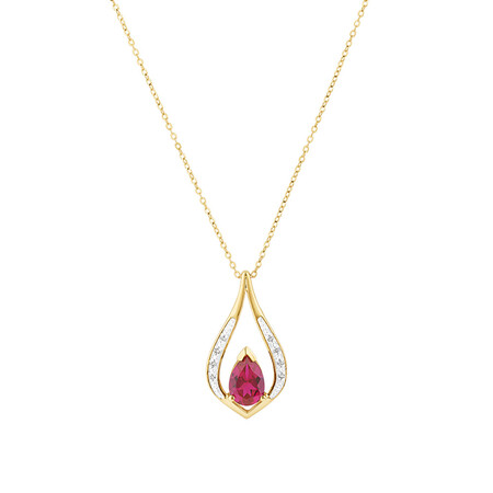 Pear Drop Pendant with Created Ruby & Diamonds in 10kt Yellow Gold