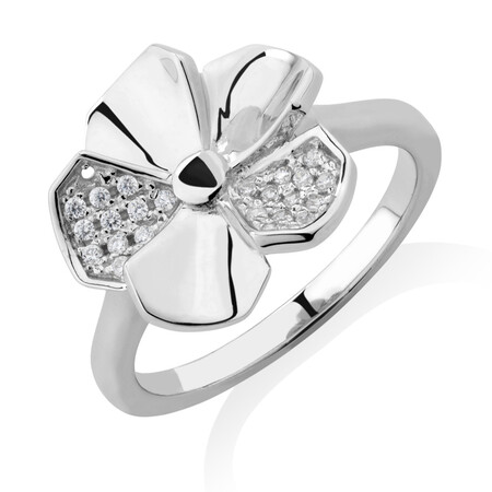 Flower Ring with White Cubic Zirconia in Sterling Silver