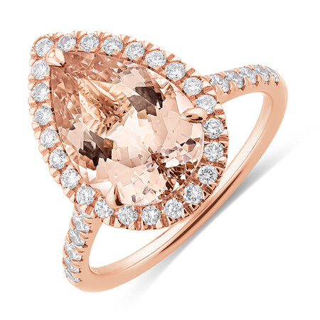 Pear Halo Ring with Morganite & .62 Carat TW of Diamonds in 14kt Rose Gold