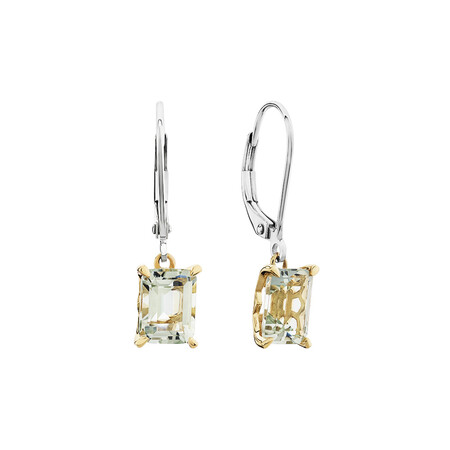 Drop Earring with Natural Green Amethyst in Sterling Silver and 10kt Yellow Gold