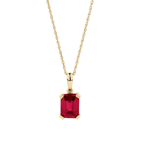 Emerald Cut Pendant with Laboratory Created Ruby in 10kt Yellow Gold