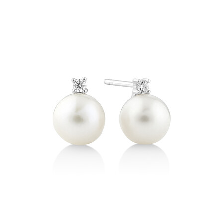 Stud Earrings with Cultured Freshwater Pearl & Cubic Zirconia in Sterling Silver