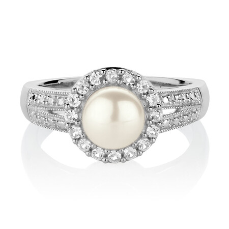 Ring with a Cultured Freshwater Pearl & Created White Sapphires in Sterling Silver Ring with a Cultured Freshwater Pearl & Created White Sapphires in Sterling Silver