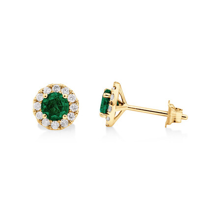 Halo Stud Earrings with Natural Emerald & 0.28 Carat TW of Diamonds in 10kt Yellow Gold Halo Stud Earrings with Natural Emerald & 0.28 Carat TW of Diamonds in 10kt Yellow Gold