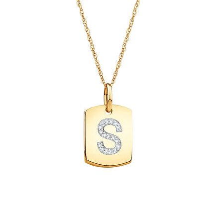 "S" Initial Rectangular Pendant with Diamonds in 10ct Yellow Gold
