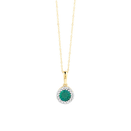 Halo Pendant With Diamonds And Created Emerald In 10kt Yellow Gold