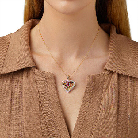 Heart Pendant with Laboratory Created Ruby & 0.15 Carat TW of Natural Diamonds in 10kt Yellow Gold Heart Pendant with Laboratory Created Ruby & 0.15 Carat TW of Natural Diamonds in 10kt Yellow Gold