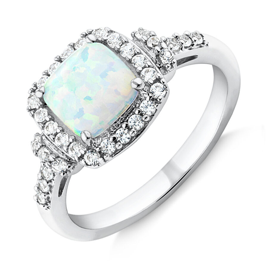 Halo Ring with Created Opal and Created Sapphire in Sterling Silver