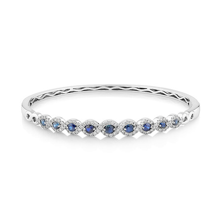 Natural Blue Sapphire Bangle with 0.68 Carat TW of Diamonds In 14kt White Gold