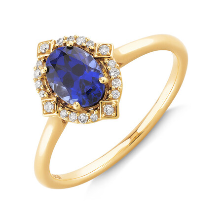 Ring with Created Sapphire & Diamonds in 10kt Yellow Gold