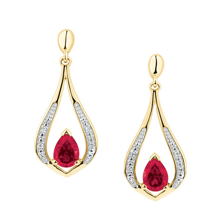 Drop Earrings with Created Ruby & Diamonds in 10kt Yellow Gold