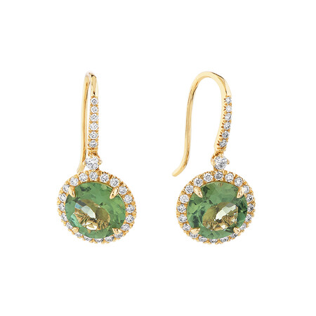 Halo Earrings with Green Tourmaline & 0.39 Carat TW of Diamonds in 14kt Yellow Gold