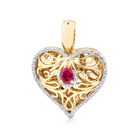 Heart Pendant with Laboratory Created Ruby & 0.15 Carat TW of Natural Diamonds in 10kt Yellow Gold