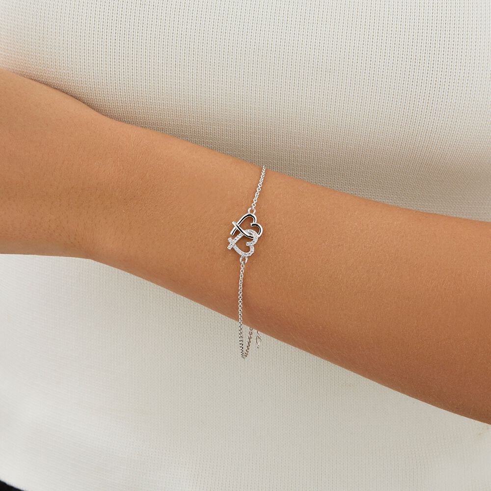 Double Heart Bracelet with White Cubic Zirconia in Sterling Silver