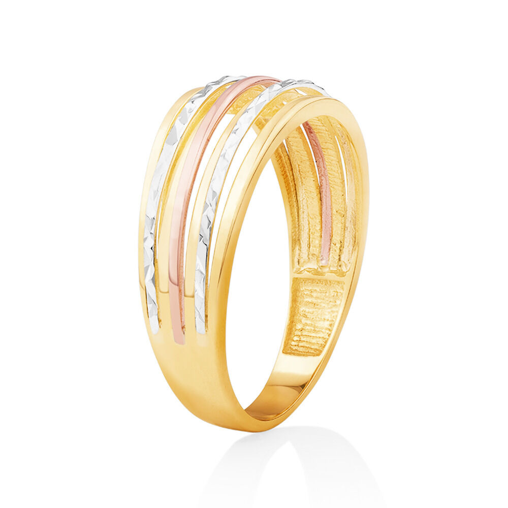 Patterned Tri Tone Ring in 10kt Yellow White Rose Gold