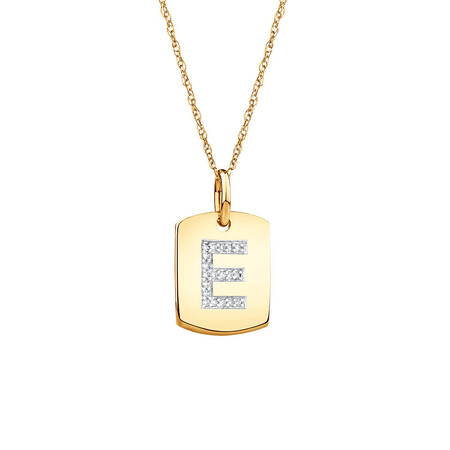 "E" Initial Rectangular Pendant with Diamonds in 10ct Yellow Gold