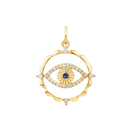 Evil Eye Talisman Pendant with Sapphire & 0.10 Carat of Diamonds in 10kt Yellow Gold Evil Eye Talisman Pendant with Sapphire & 0.10 Carat of Diamonds in 10kt Yellow Gold