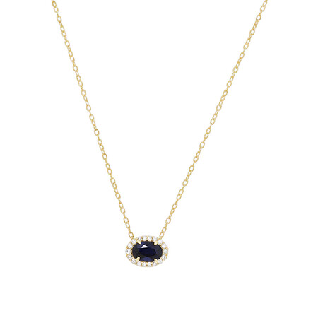 Halo Necklace with Sapphire & Diamonds in 10ct Yellow Gold Halo Necklace with Sapphire & Diamonds in 10ct Yellow Gold