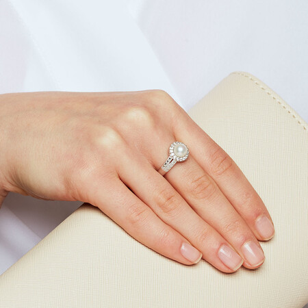 Ring with a Cultured Freshwater Pearl & Created White Sapphires in Sterling Silver Ring with a Cultured Freshwater Pearl & Created White Sapphires in Sterling Silver